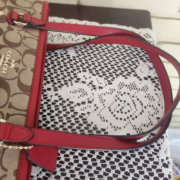 Like New Coach City Signature Khaki & Red Leather Shoulder Bag Purse Satchel - Picture 10 of 15